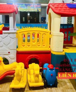 Nhà khối 2 mái cầu trượt nhựa nhập khẩu hình lâu đài – cầu trượt cho bé, đồ chơi mầm non an toàn.